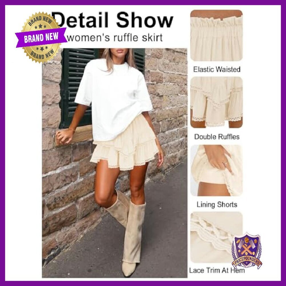 High Waist Ruffle Mini Skirt Lace Trim Flowy Tiered Athletic - Picture 4 of 6